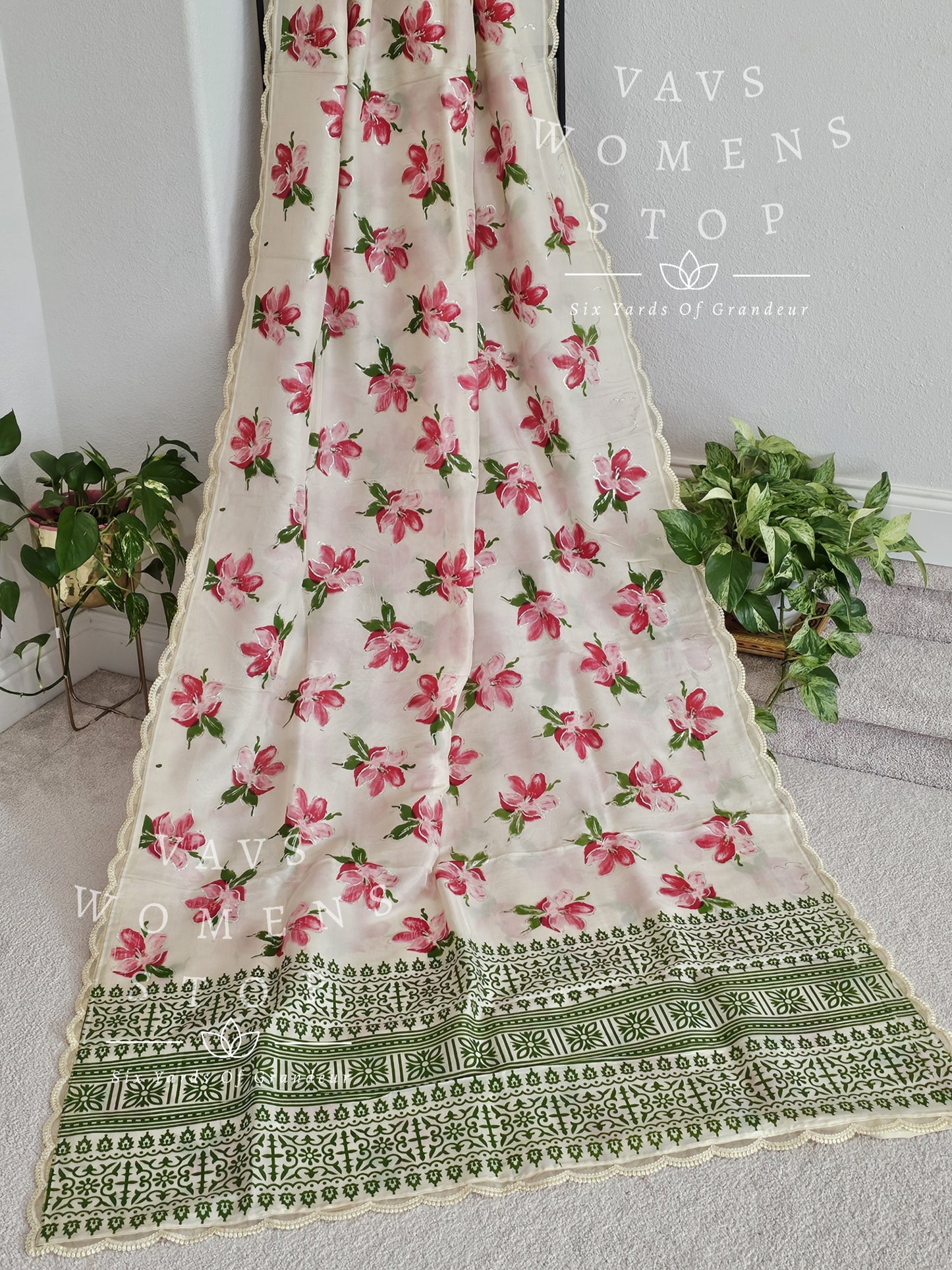 Jute Silk Floral Foil Prints Saree - Pure Chinon Chiffon Sequins Blouse