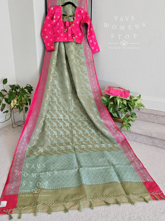 Fancy Semi Organza Saree - Full Sleeves Rawsilk Blouse