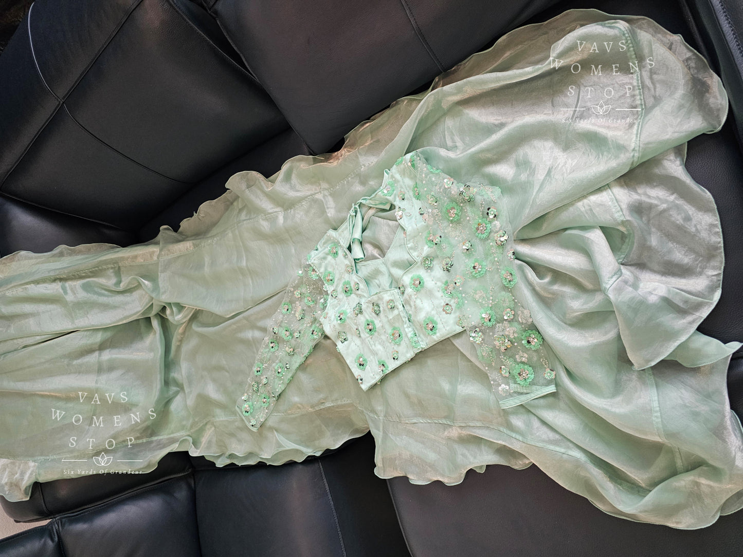 VAVS Unique Customized Ruffle Space Silk Designer Saree - Full Sleeves Blouse