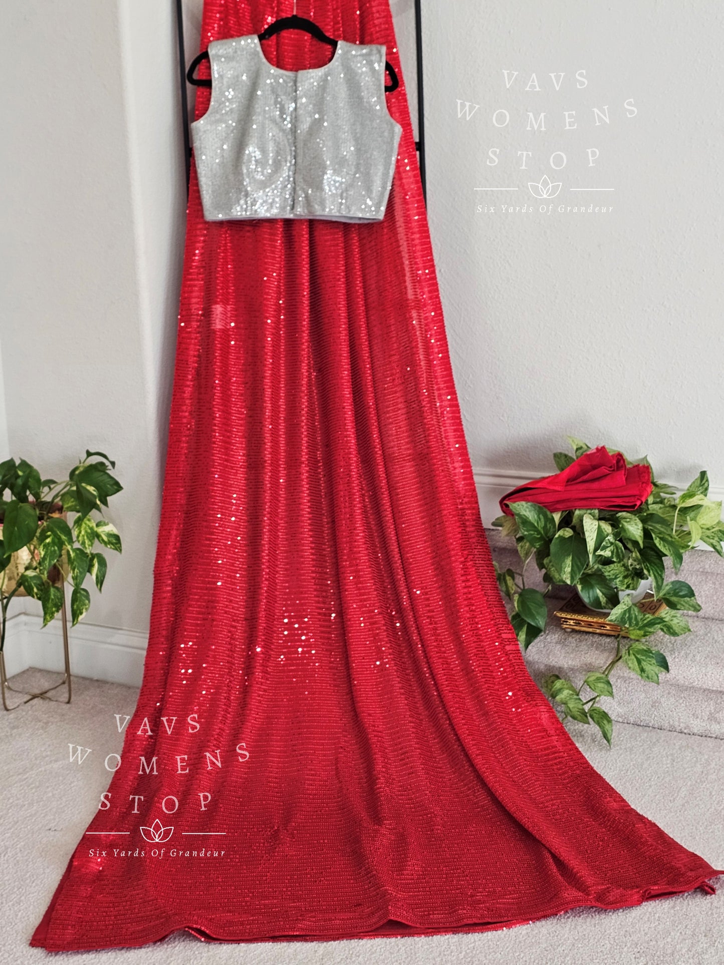 Designer Red Sequins Net Saree - Silver Sequins Blouse