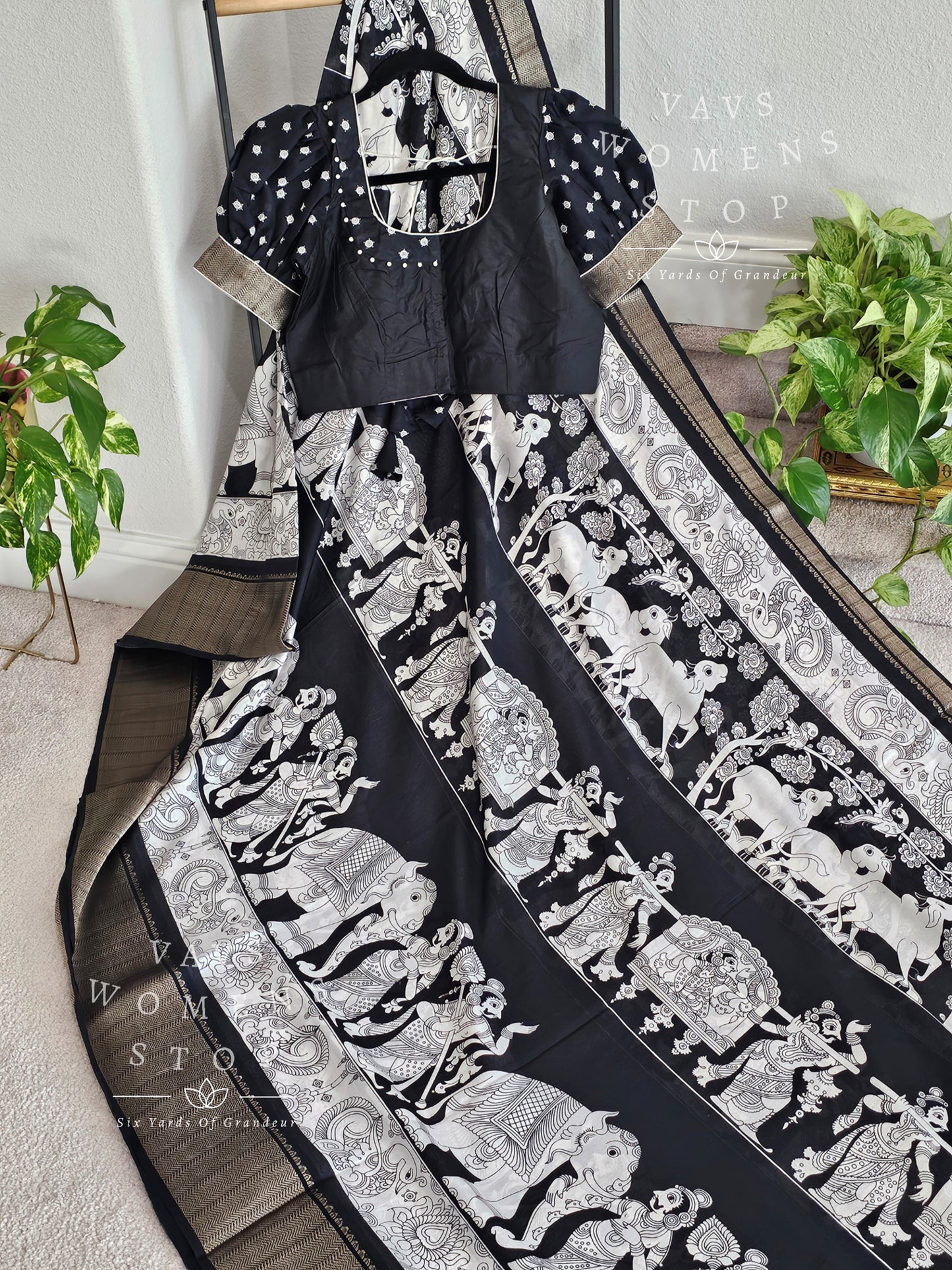 Kalamkari Prints Semi Dola Silk Saree - Blouse