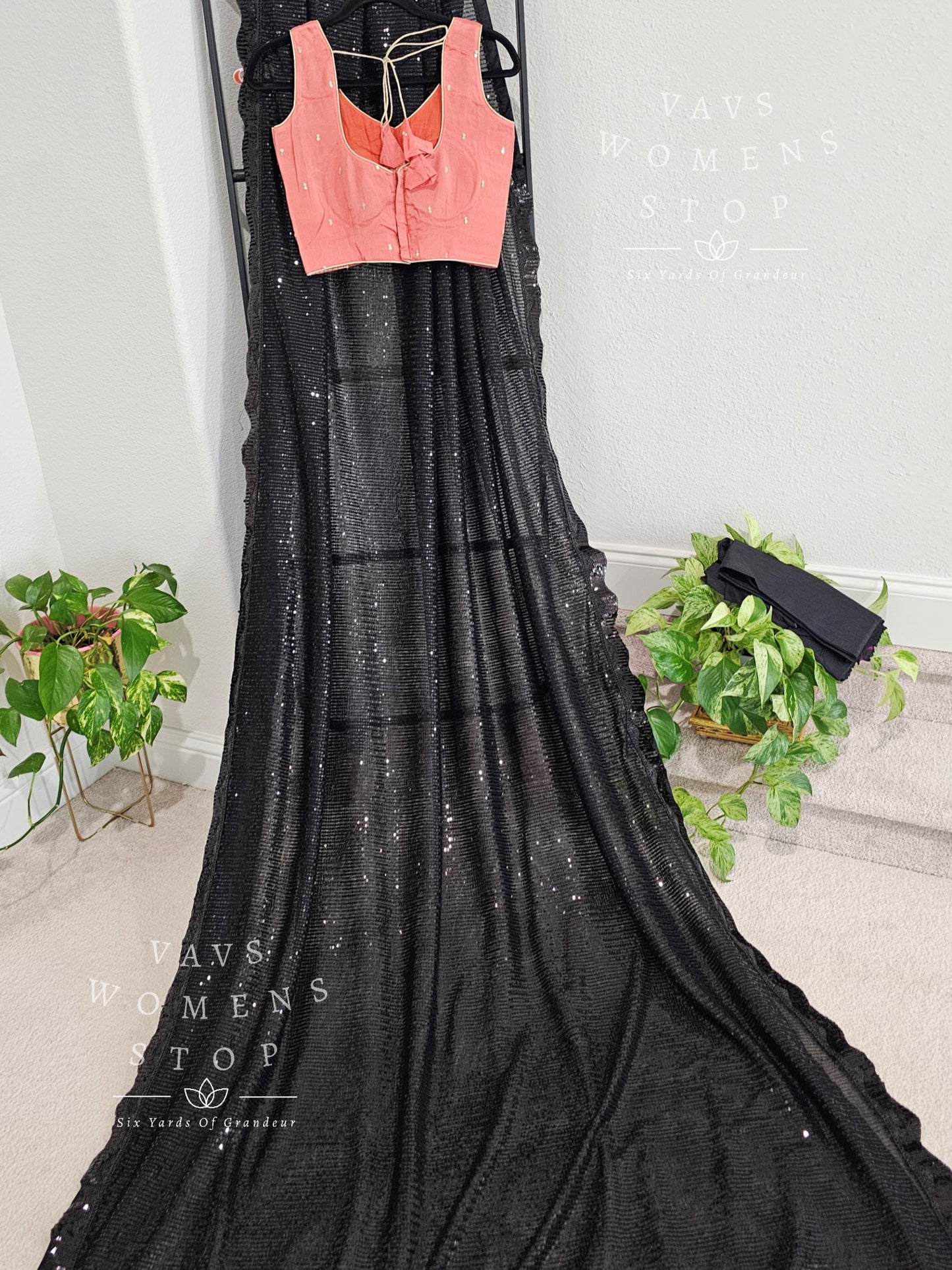 Designer Black Sequins Net Saree - Blouse