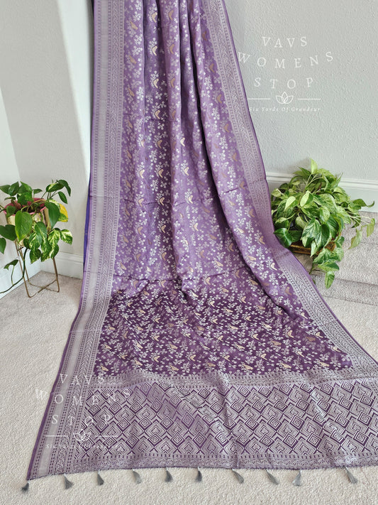 Black Banarasi Semi Tussar Georgette Saree with All Over Meenakari & Gray Border | Stitched Blouse Size 38–44 | Ready to Ship USA – Women’s Stop