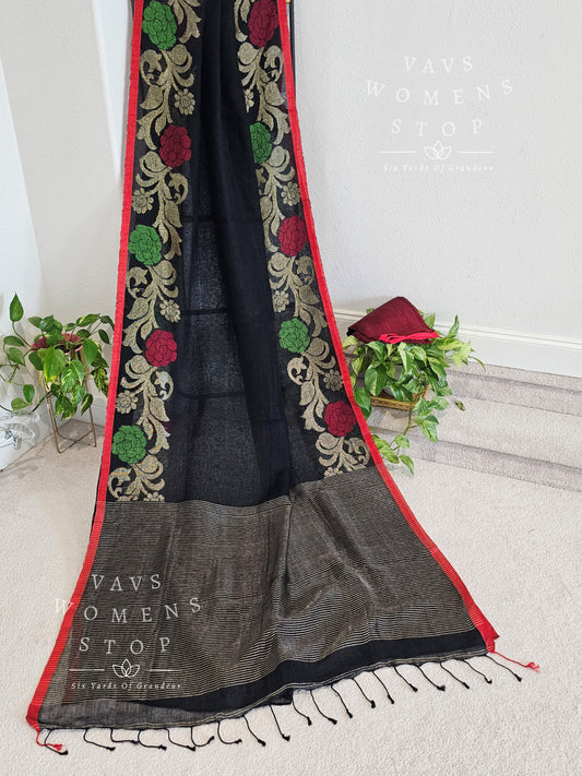 Linen by linen jamdani border saree - sequins blouse