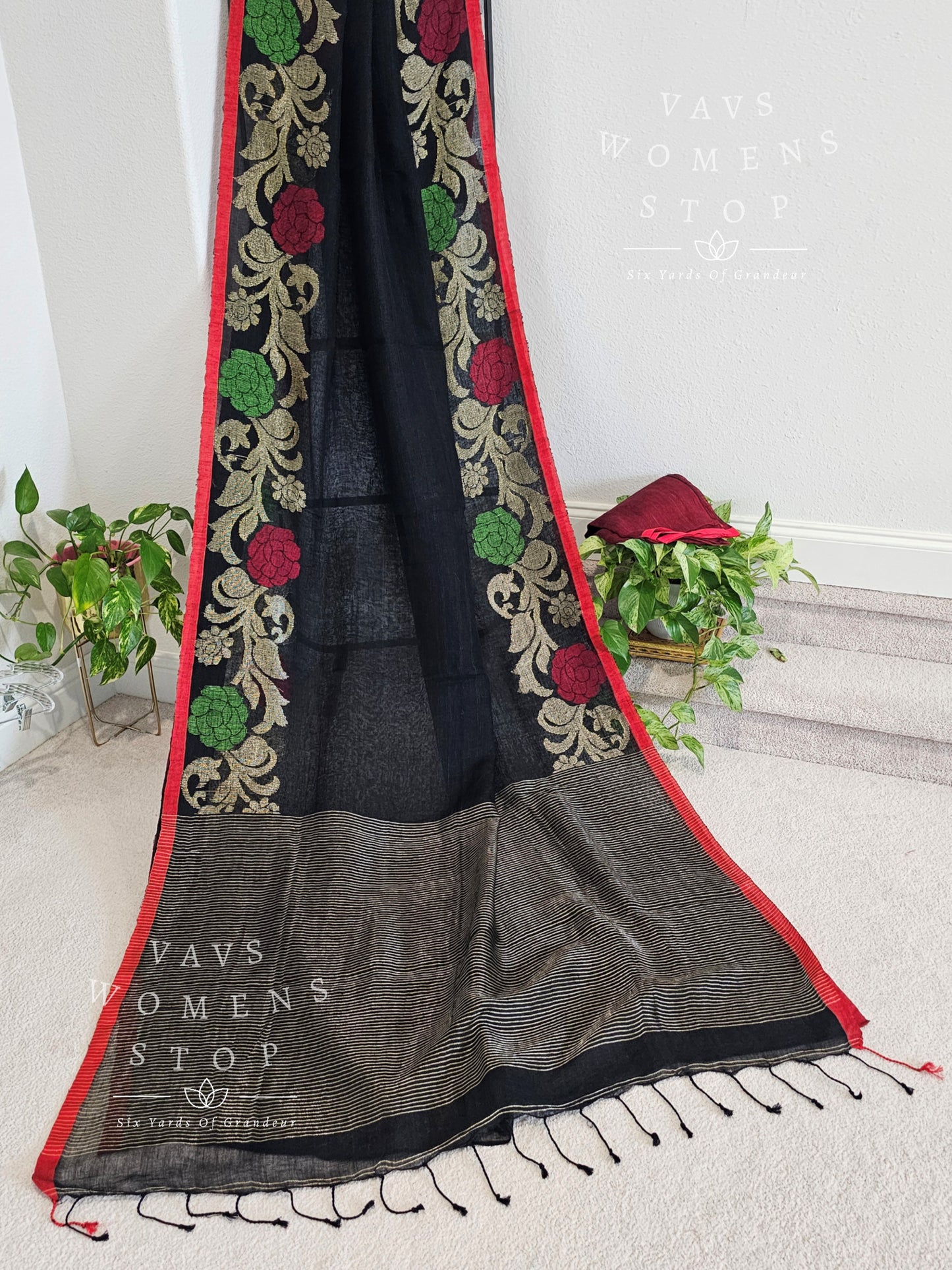 Black Linen by linen jamdani border Saree