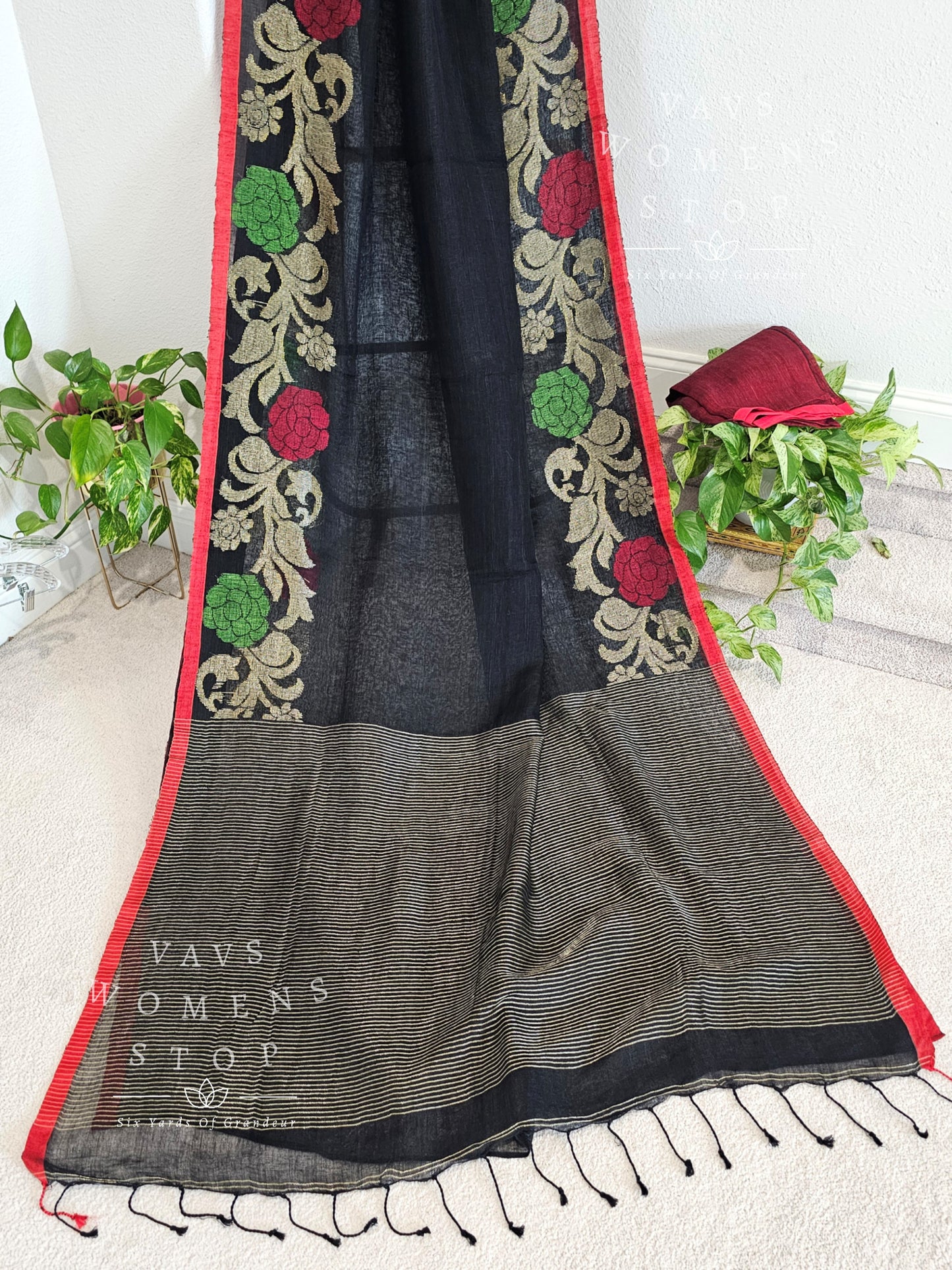 Black Linen by linen jamdani border Saree