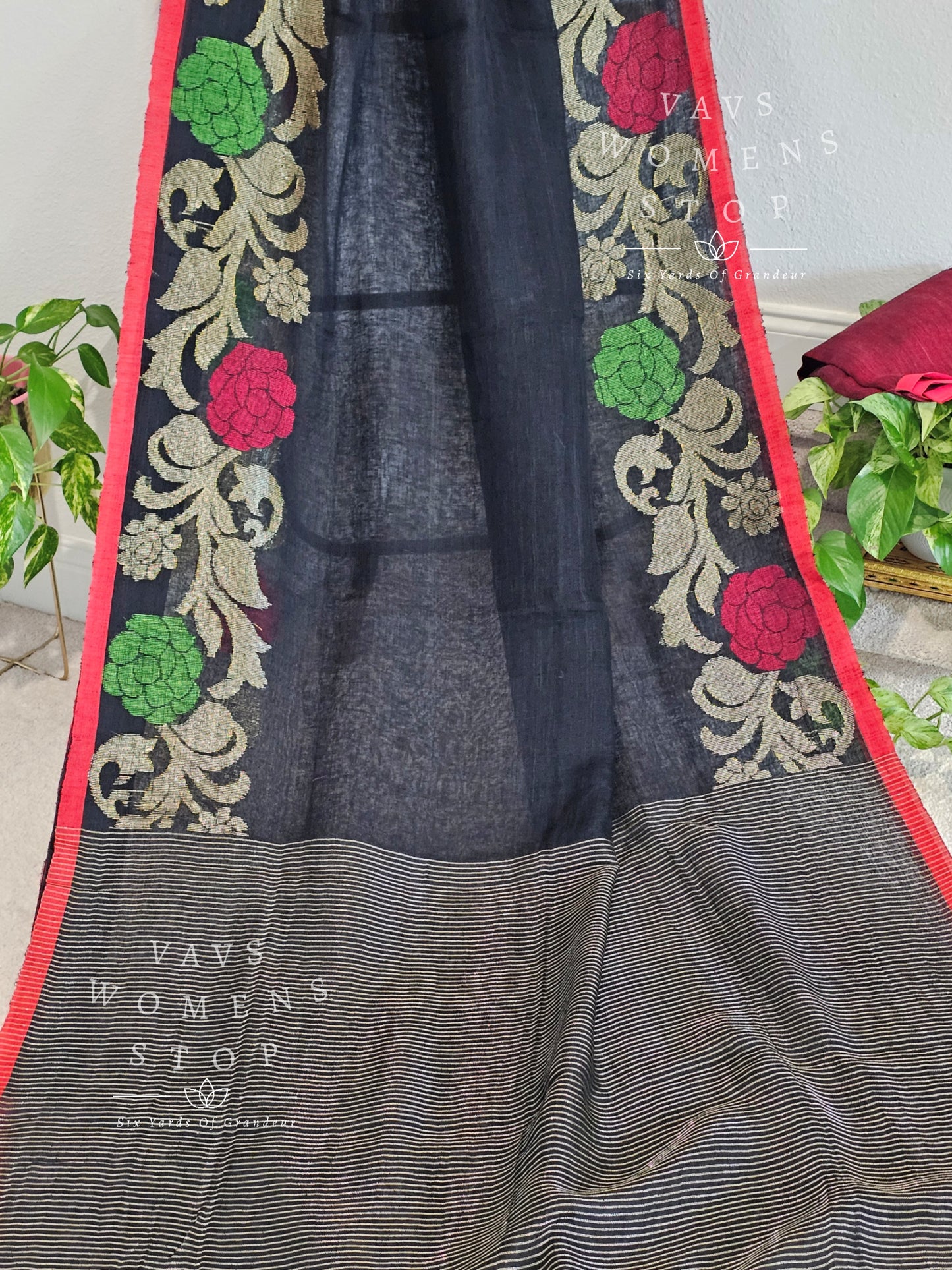 Black Linen by linen jamdani border Saree