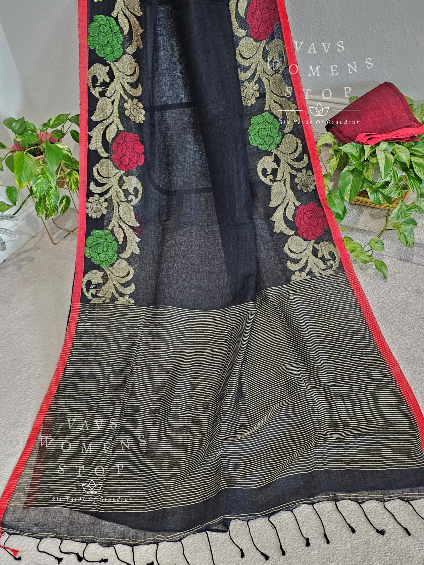 Black Linen by linen jamdani border Saree