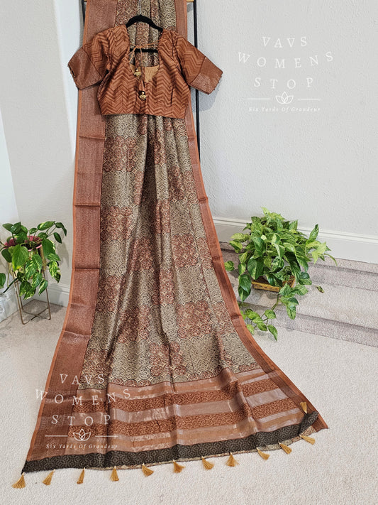 Ajrakh Printed Fancy Linen Cotton Saree - Blouse