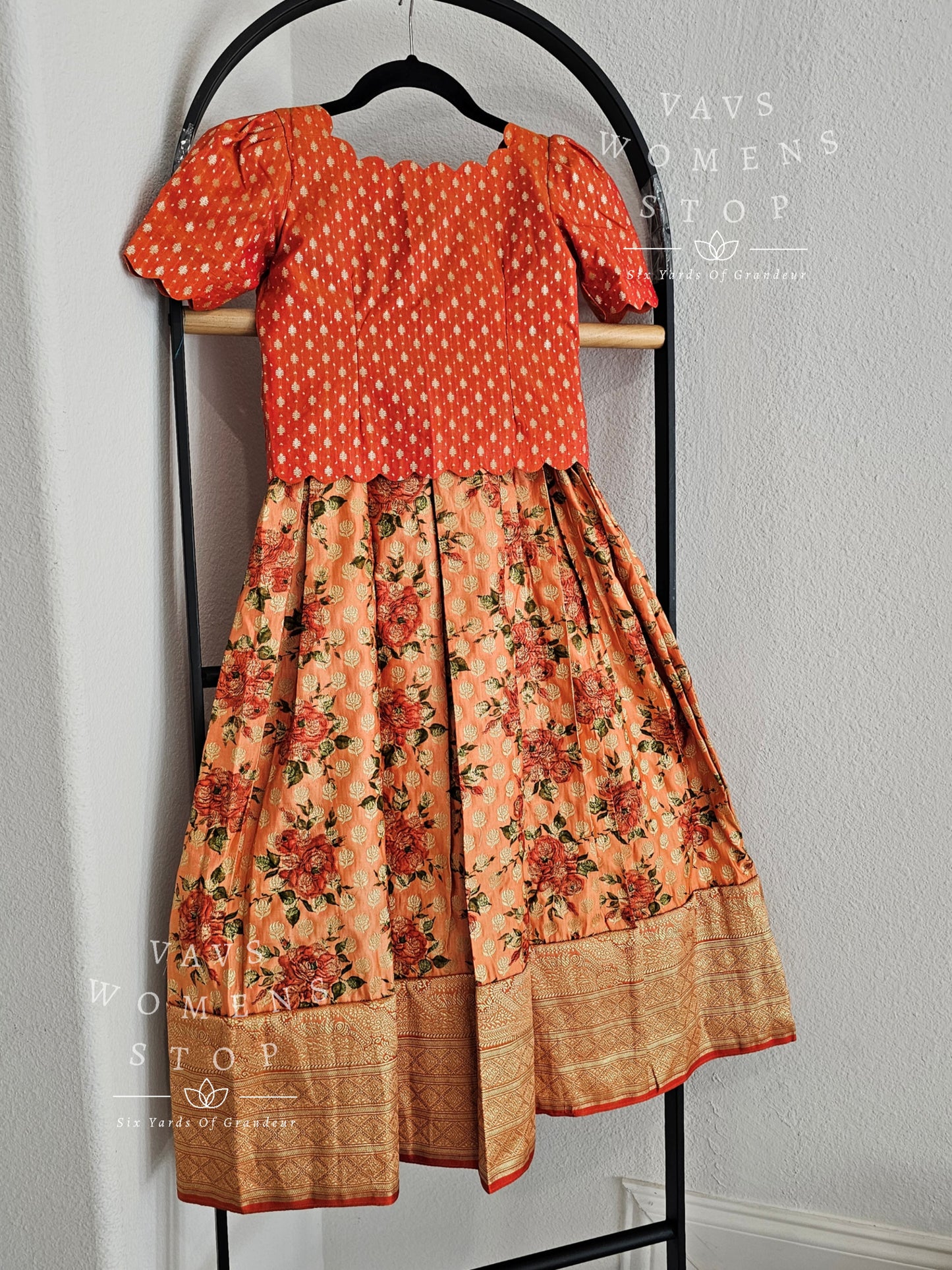 Satin Benarasi Floral Prints Lehenga/Langa Blouse