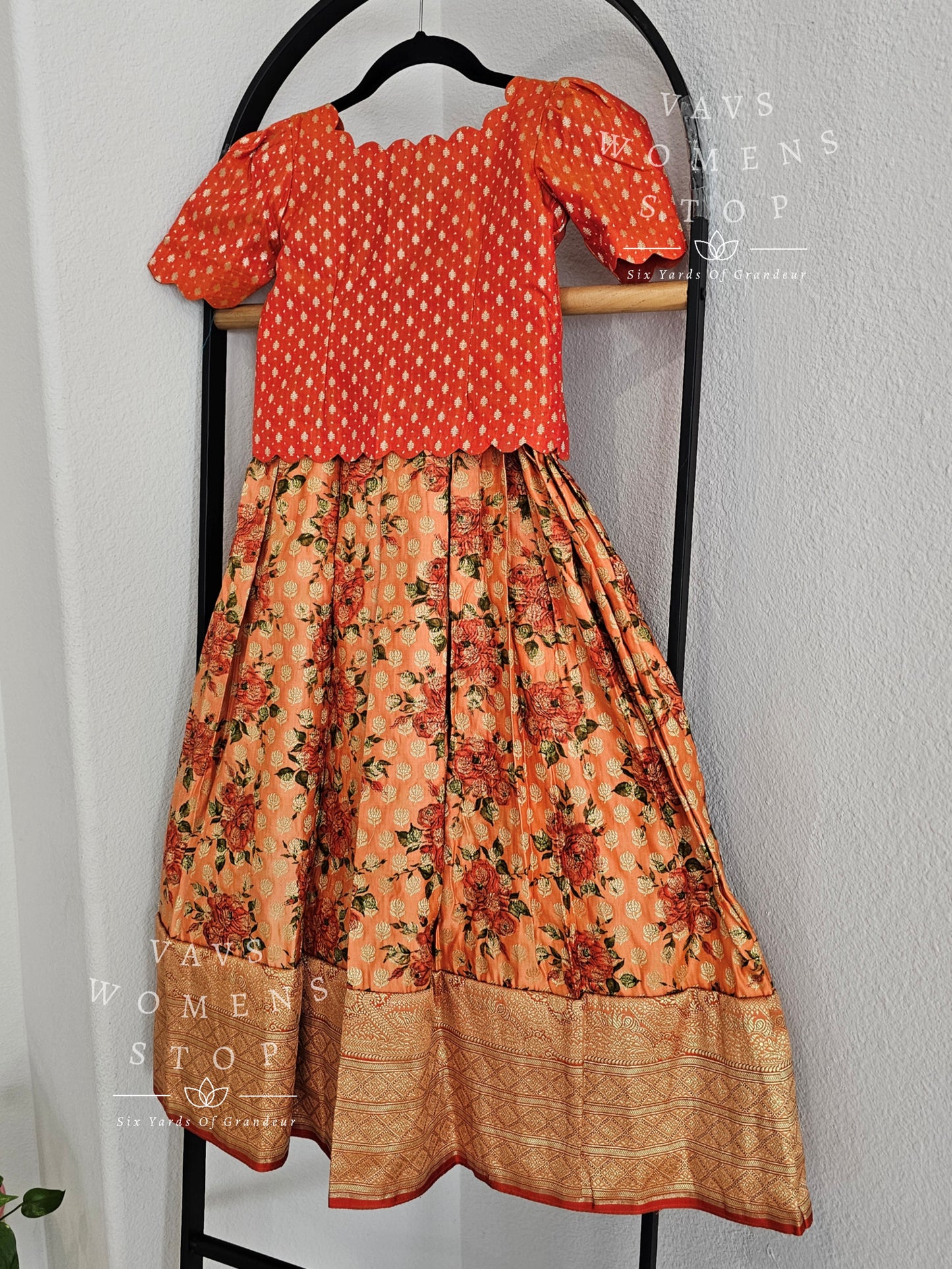 Satin Benarasi Floral Prints Lehenga/Langa Blouse