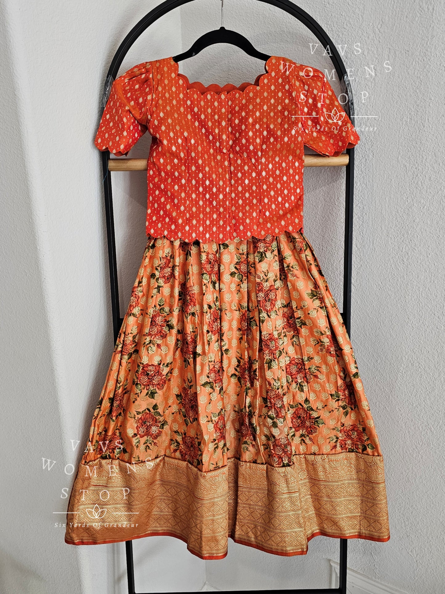 Satin Benarasi Floral Prints Lehenga/Langa Blouse