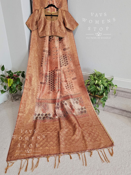 Kalamkari Print Semi Benarasi Kubera Silk Saree - Blouse