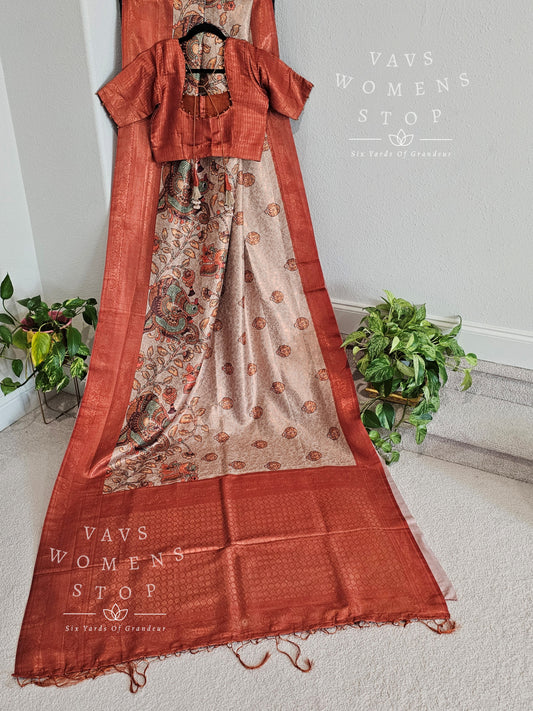 Benarasi Crepe Tussar Rapier Kalamkari Print Silk Saree - Blouse