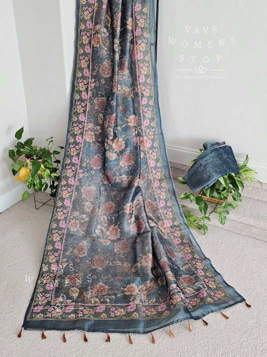 Digital Print with Matte Embroidery Border Floral Crush Tissue Saree - Blouse