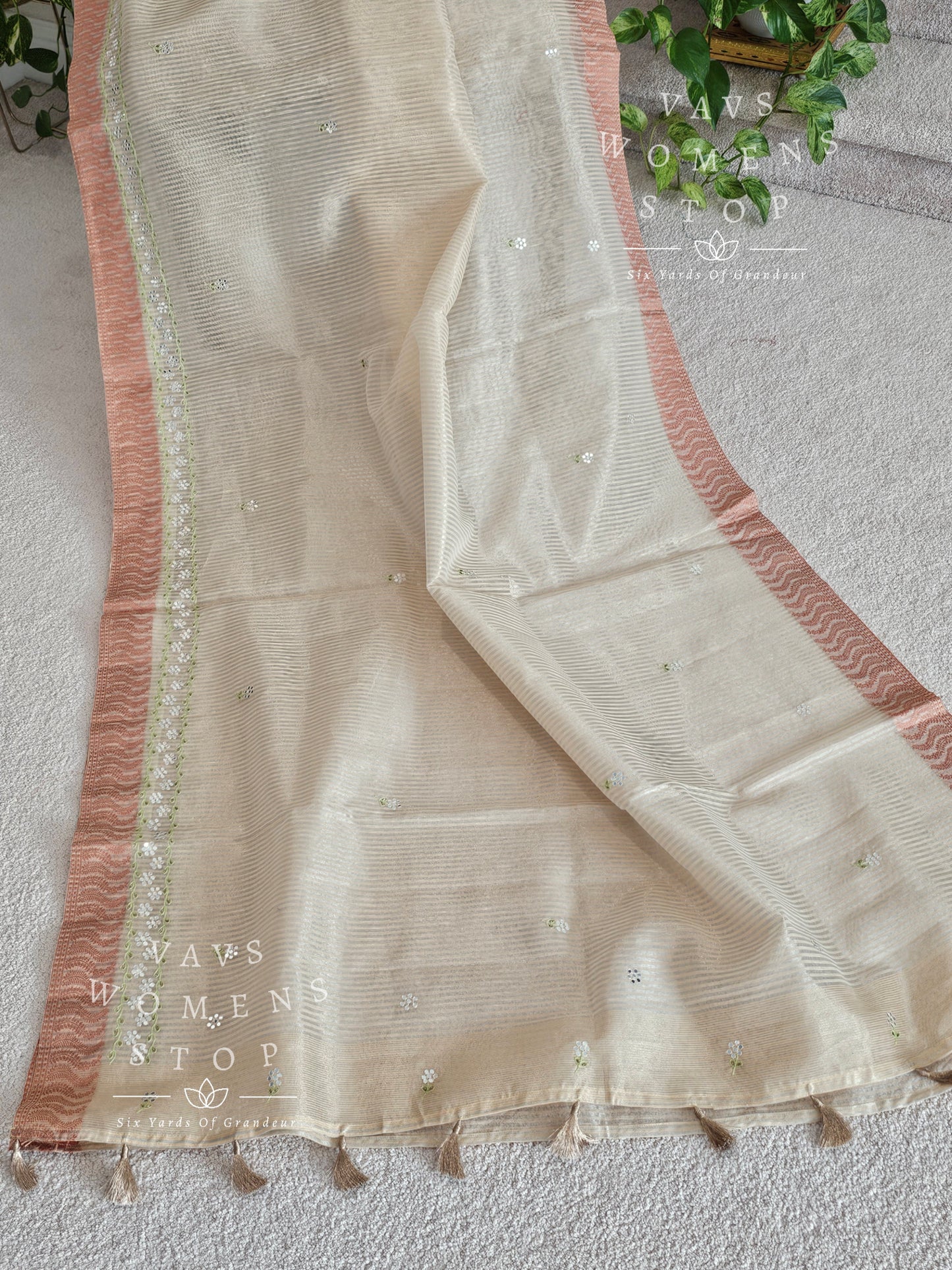 Linen Cotton Tissue Embroidery Saree - Kalamkari Embroidery Blouse