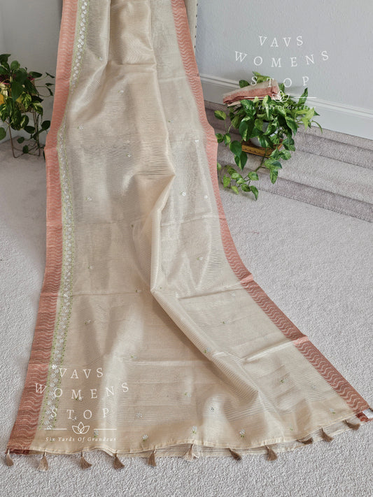 Linen Cotton Tissue Embroidery Saree - Chinon Chiffon Blouse