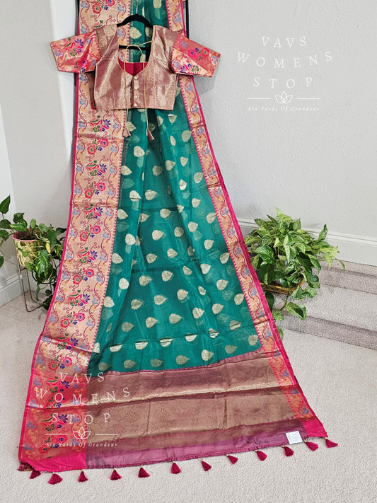 Semi Organza Paithani Border Saree - Blouse
