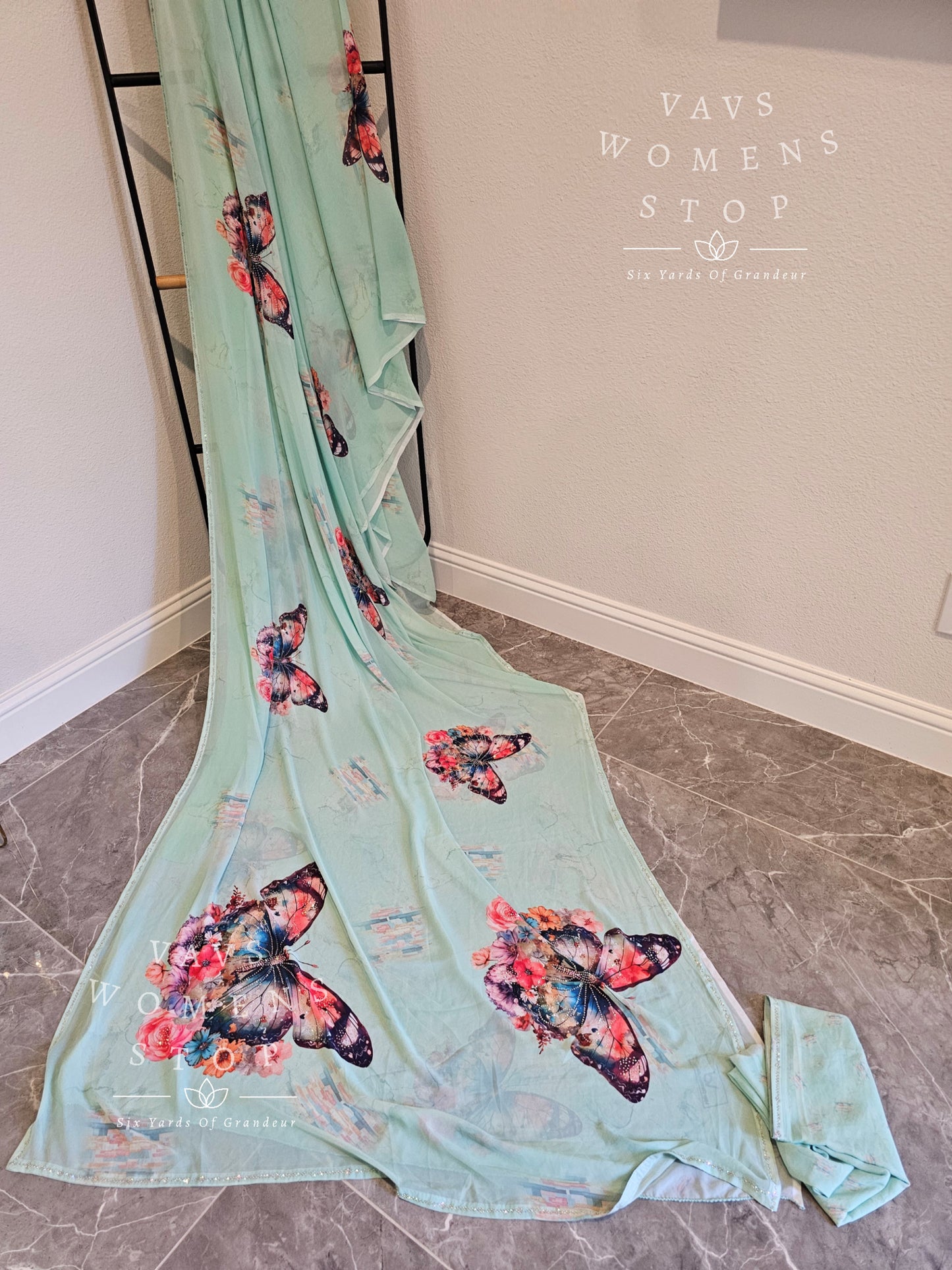 Soft Georgette Butterflies Print Stonework Saree - Chinon Chiffon Puff Sleeves Blouse