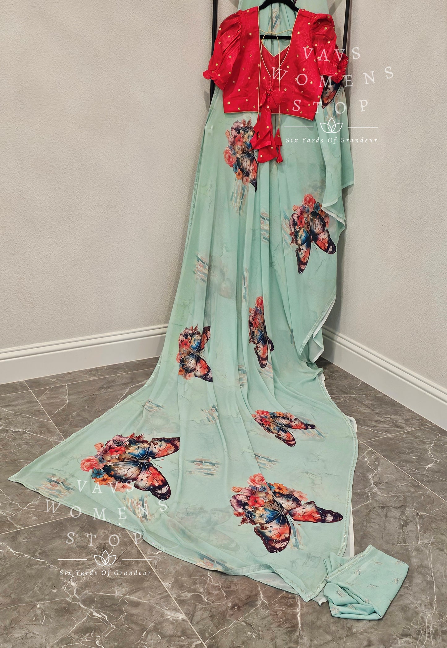 Soft Georgette Butterflies Print Stonework Saree - Chinon Chiffon Puff Sleeves Blouse