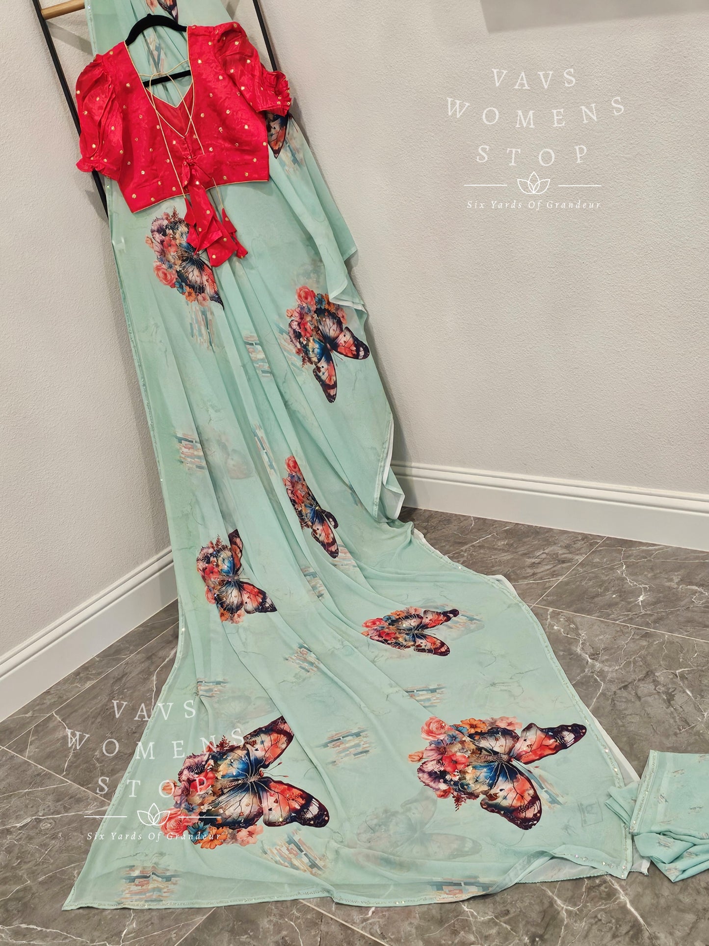 Soft Georgette Butterflies Print Stonework Saree - Chinon Chiffon Puff Sleeves Blouse