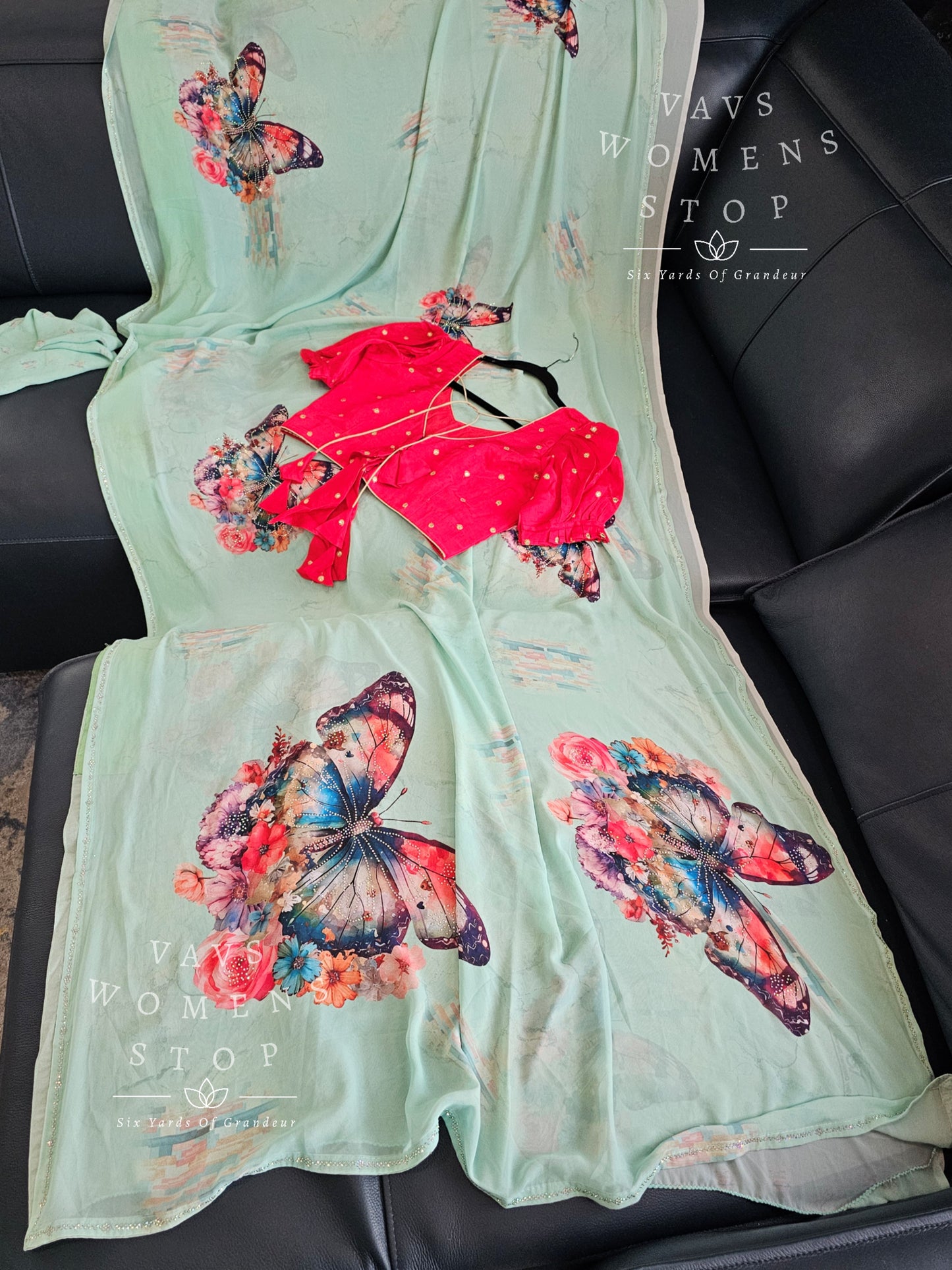 Soft Georgette Butterflies Print Stonework Saree - Chinon Chiffon Puff Sleeves Blouse