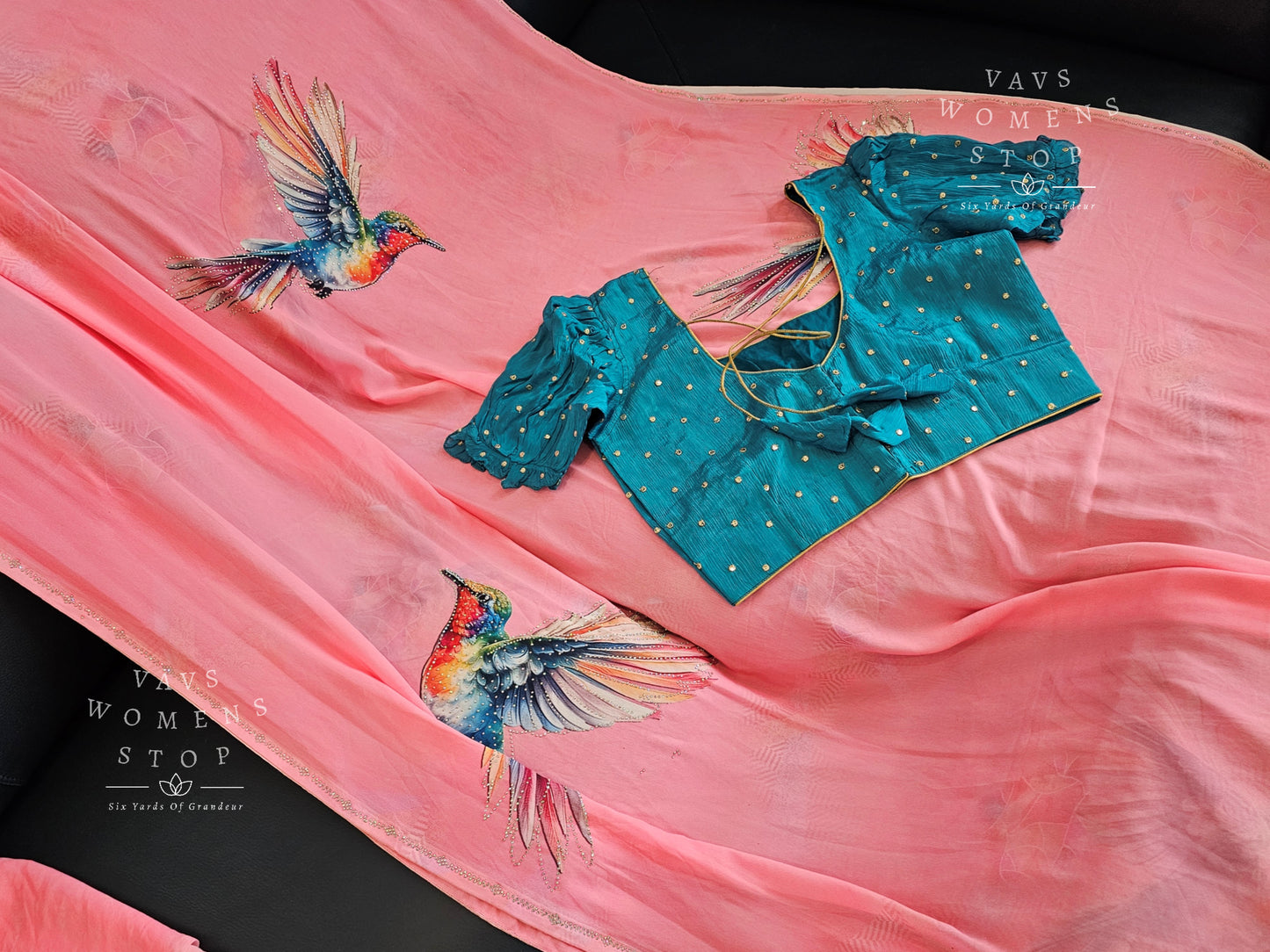 Soft Georgette Birds Print Stonework Saree - Chinon Chiffon Puff Sleeves Blouse