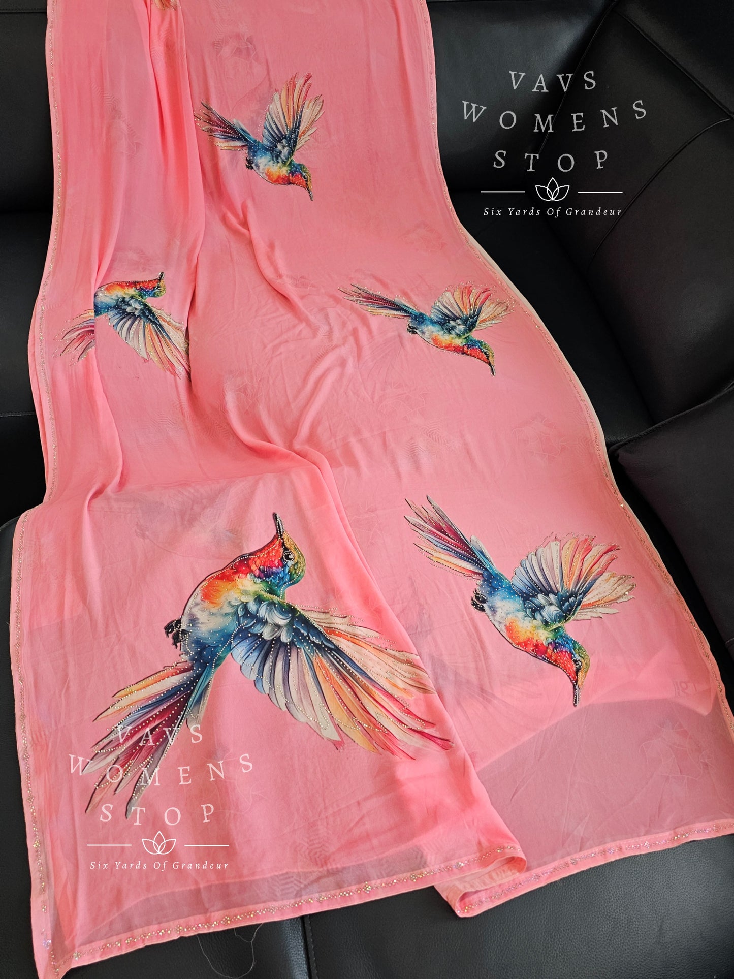 Soft Georgette Birds Print Stonework Saree - Chinon Chiffon Puff Sleeves Blouse