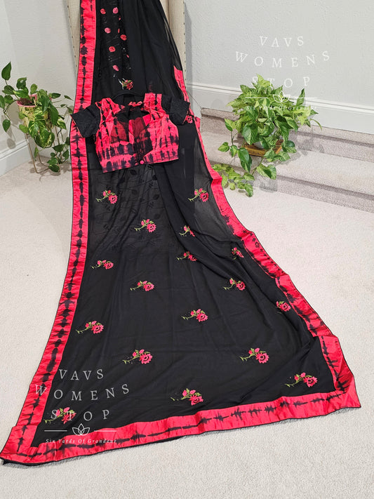 Black n Red Color Combo Georgette Saree - Blouse