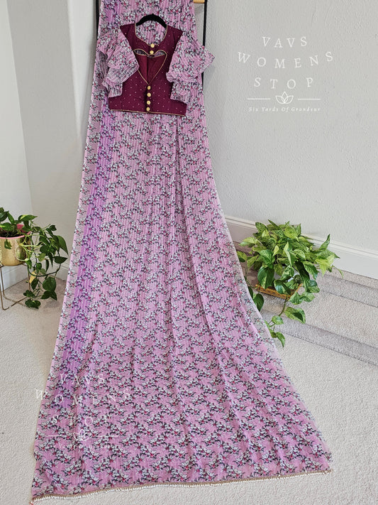 Viscose Georgette Floral Prints Sequins Saree - Blouse