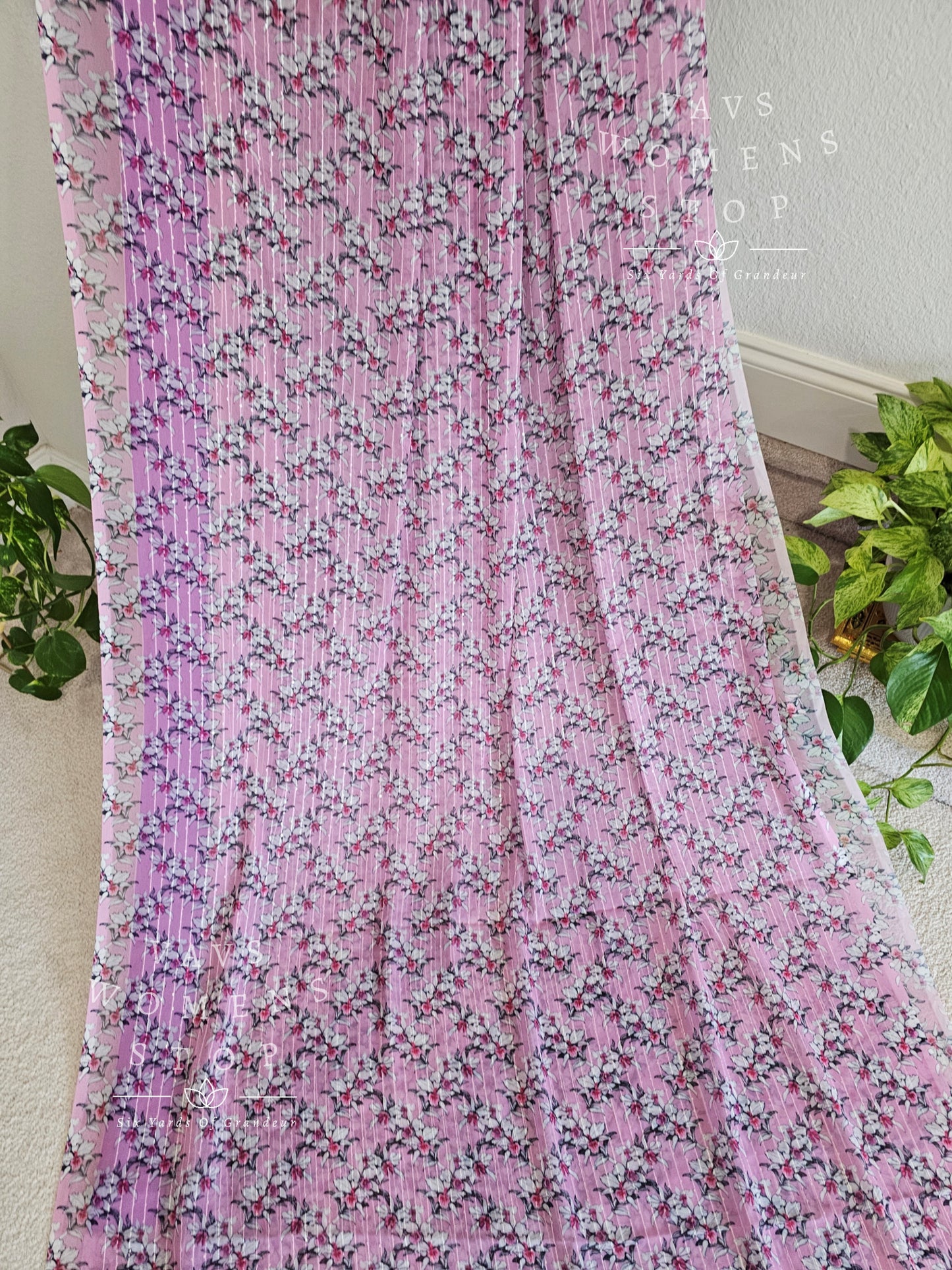 Viscose Georgette Floral Prints Sequins Saree - Blouse