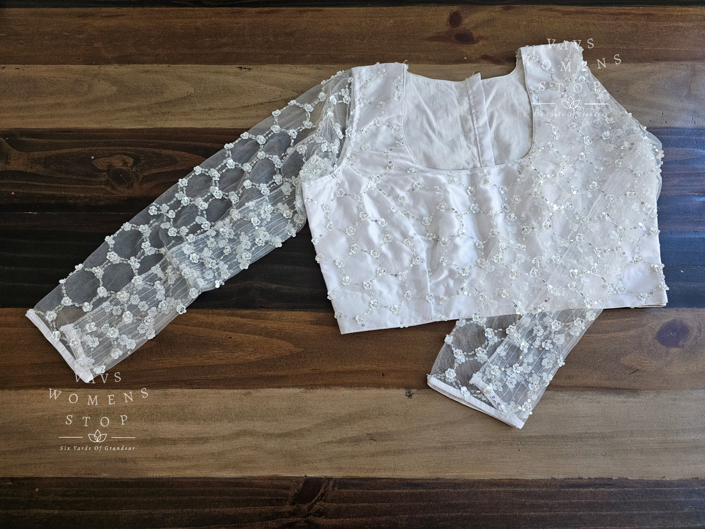 Full Sleeves Designer White Net Blouse