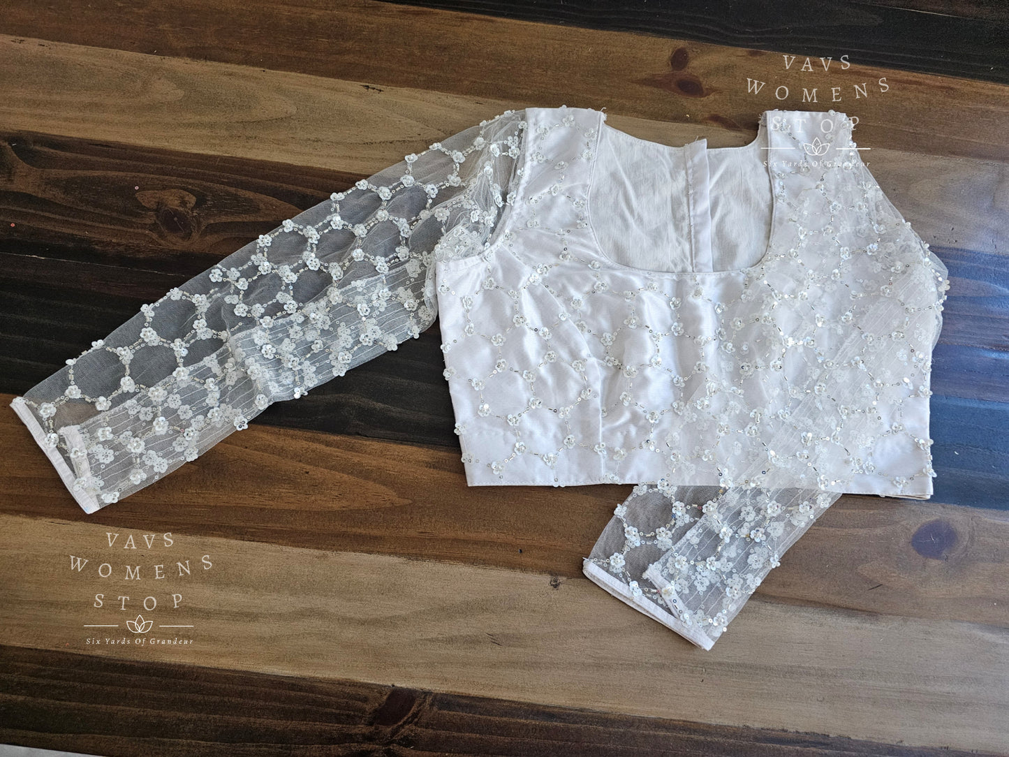 Full Sleeves Designer White Net Blouse