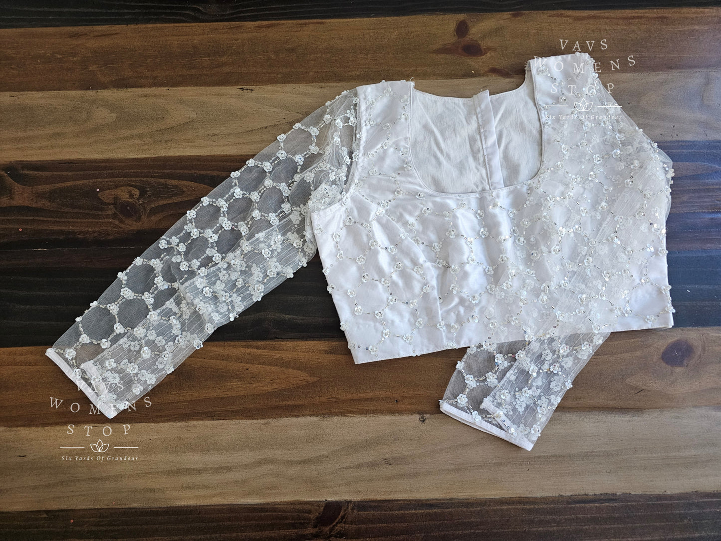 Full Sleeves Designer White Net Blouse