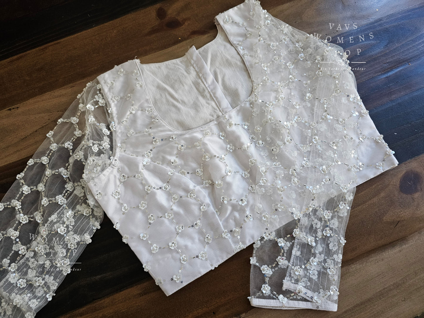 Full Sleeves Designer White Net Blouse