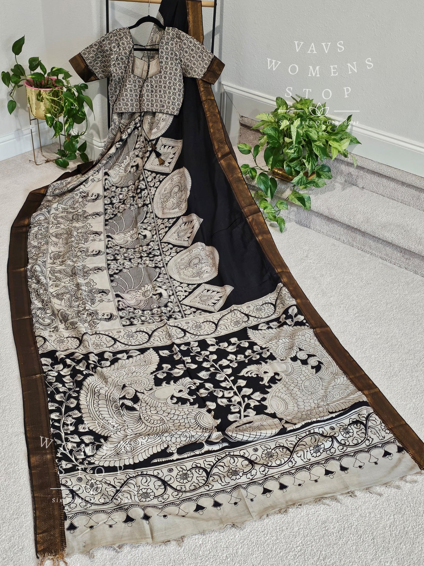 Nizam Border Kalamkari Print Silk Saree - Blouse