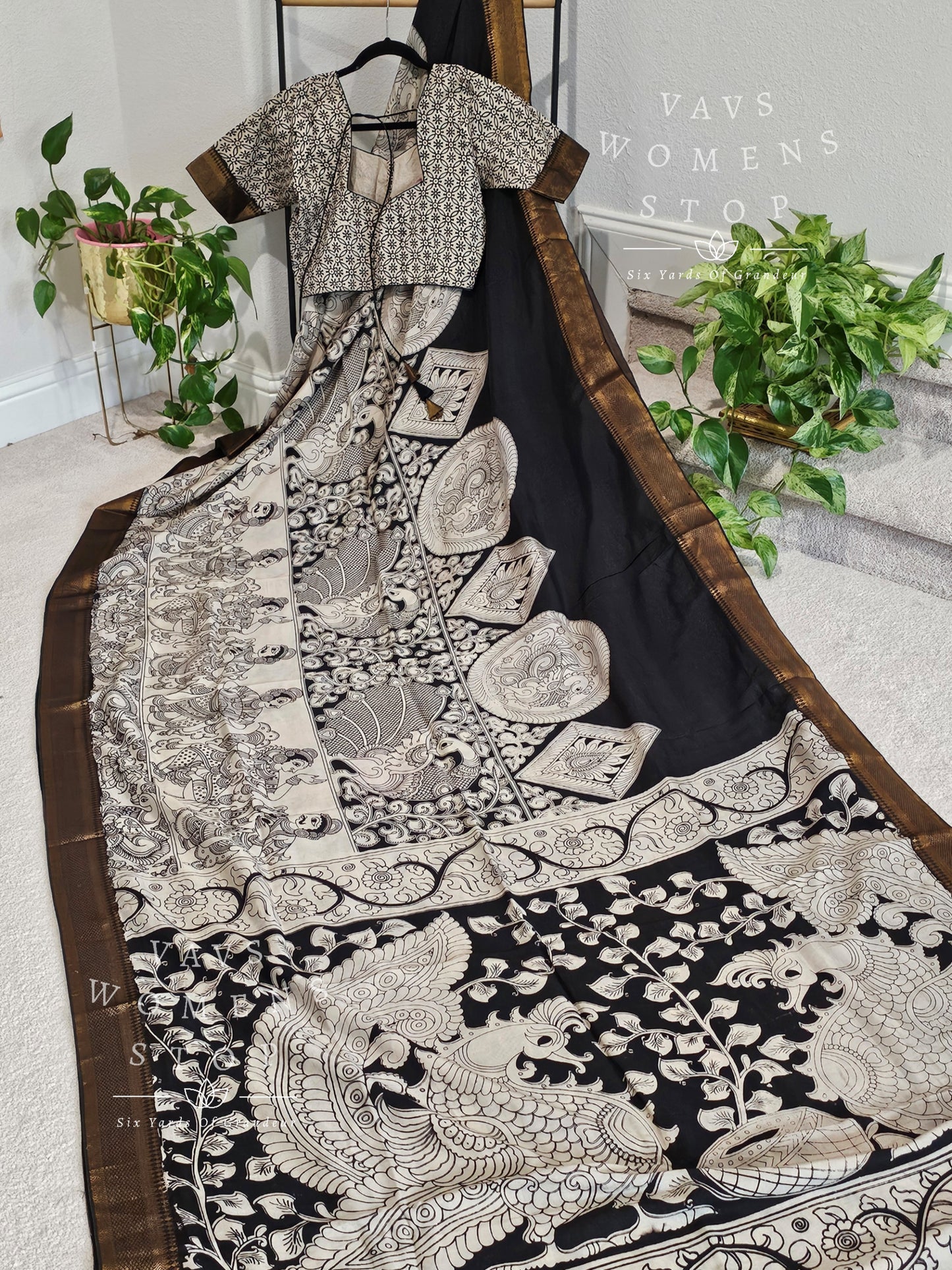 Nizam Border Kalamkari Print Silk Saree - Blouse