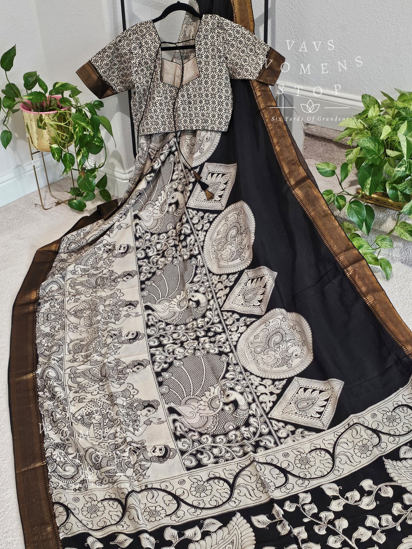 Nizam Border Kalamkari Print Silk Saree - Blouse