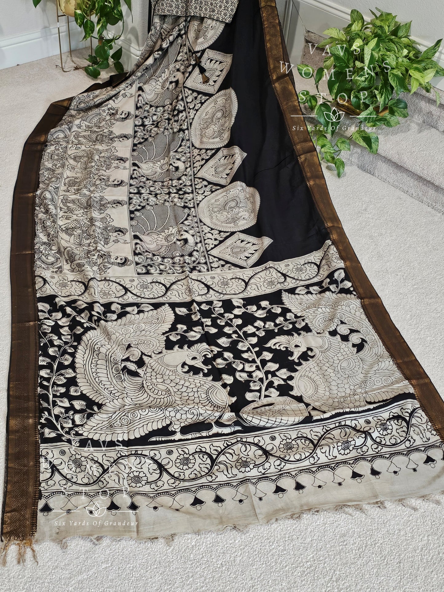 Nizam Border Kalamkari Print Silk Saree - Blouse