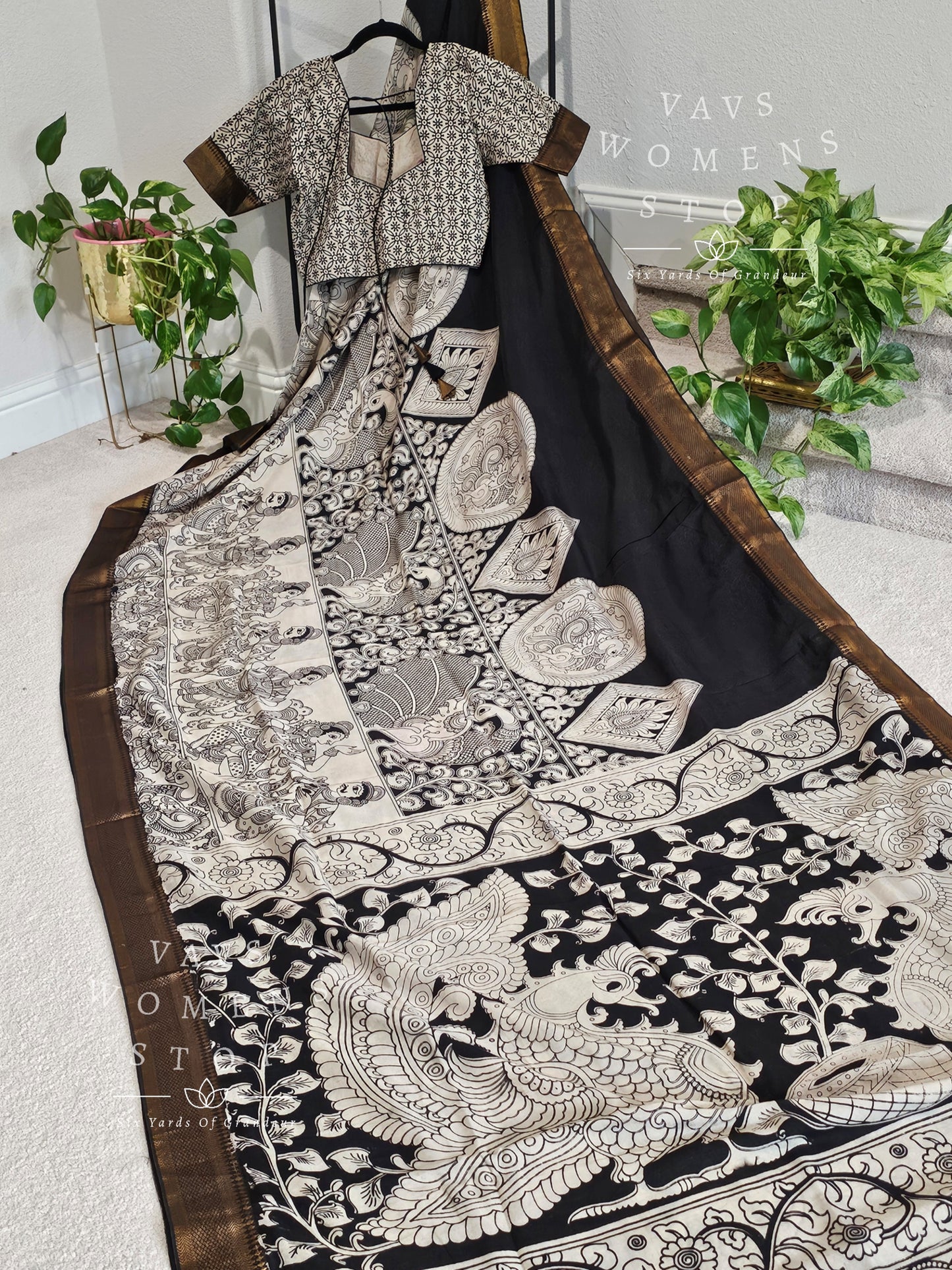 Nizam Border Kalamkari Print Silk Saree - Blouse