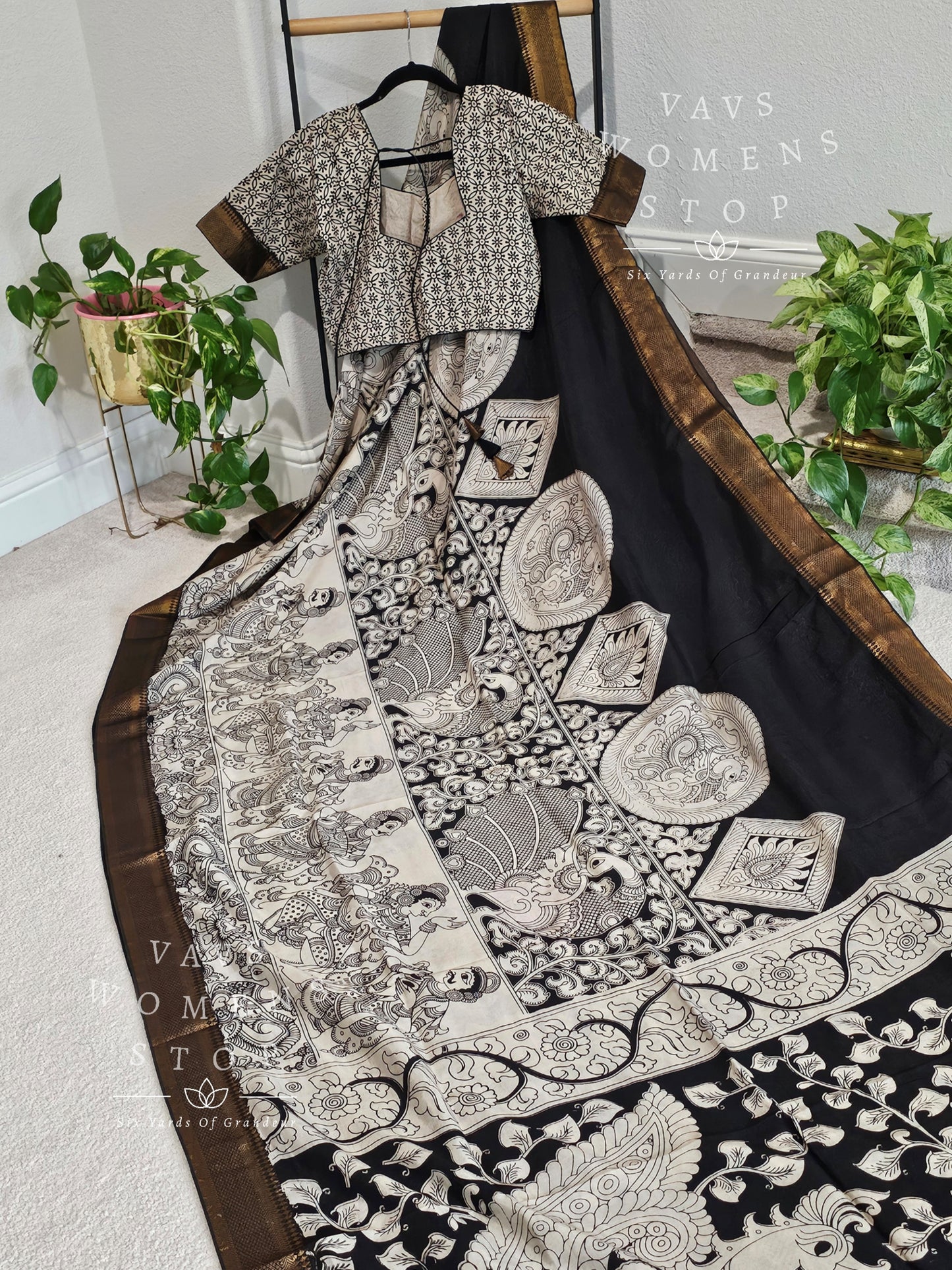 Nizam Border Kalamkari Print Silk Saree - Blouse