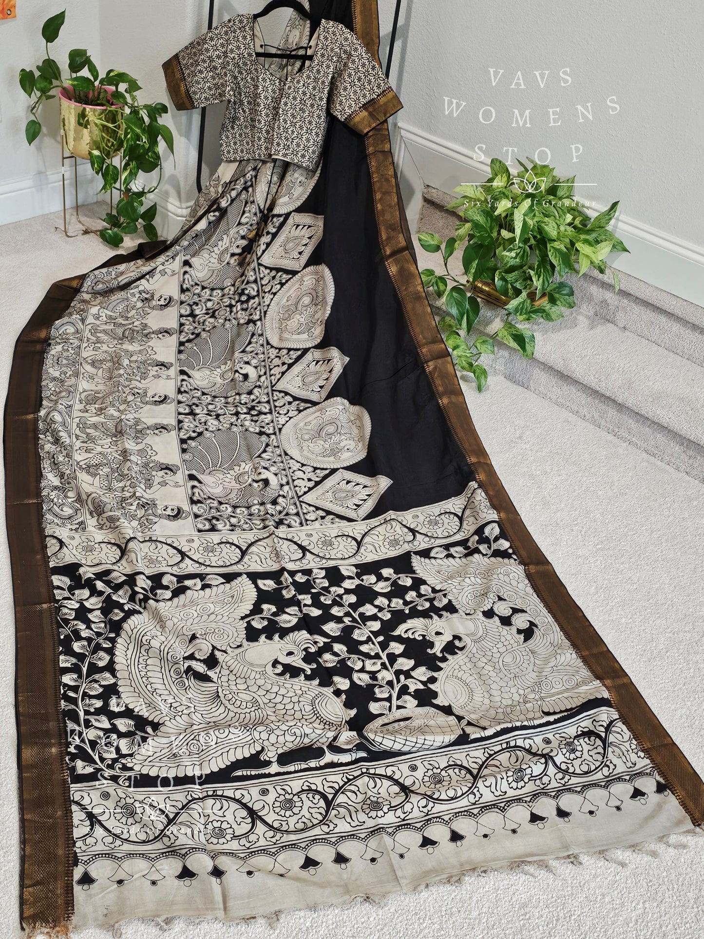 Nizam Border Kalamkari Print Silk Saree - Blouse