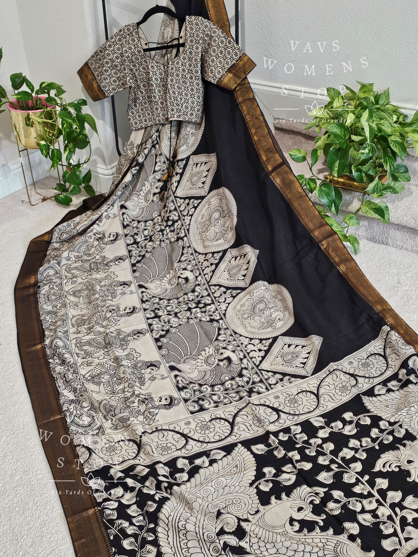 Nizam Border Kalamkari Print Silk Saree - Blouse