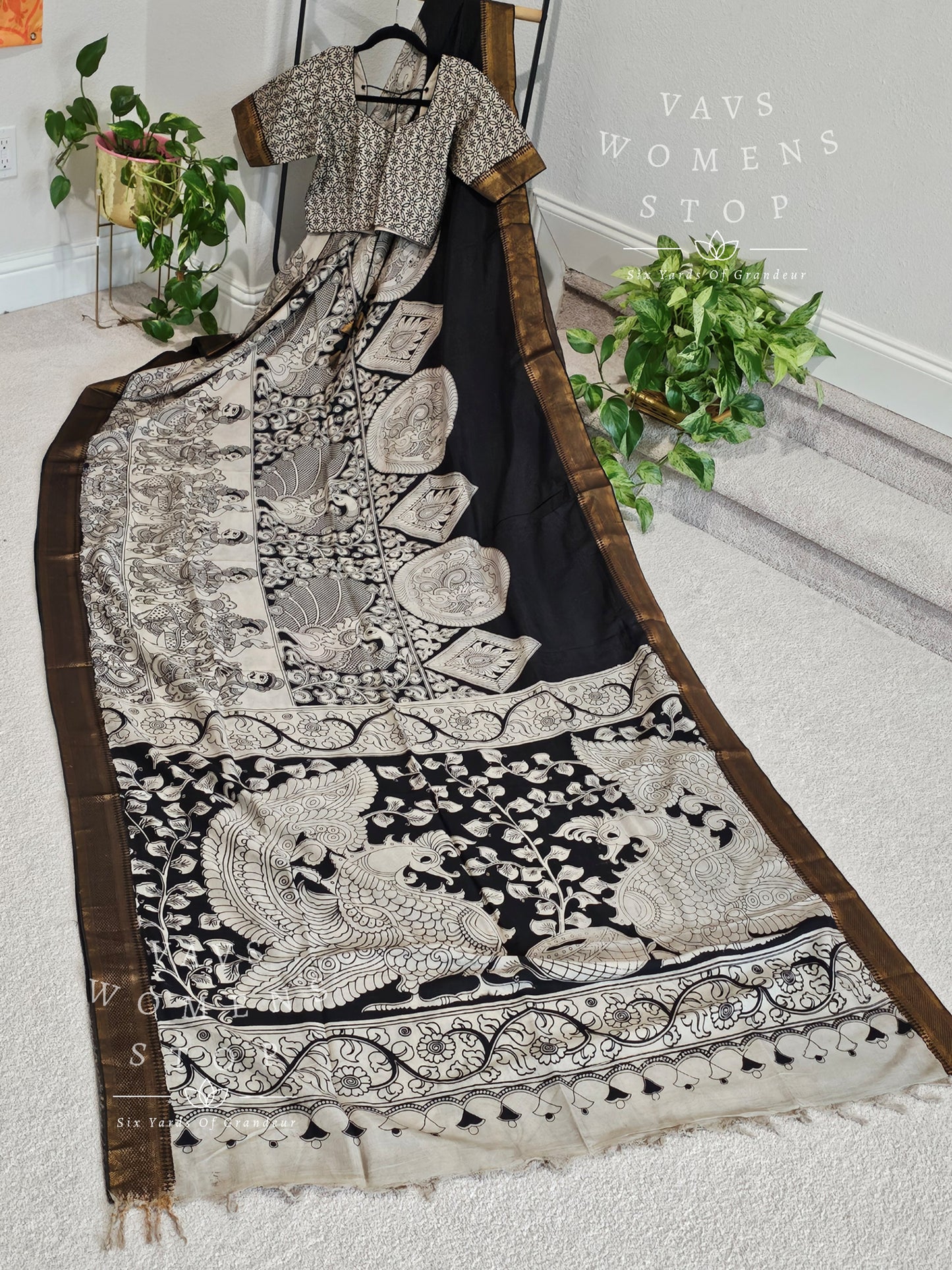 Nizam Border Kalamkari Print Silk Saree - Blouse