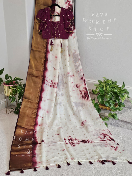Shibori Print Jute Silk Saree - Ruffle Sleeves Blouse