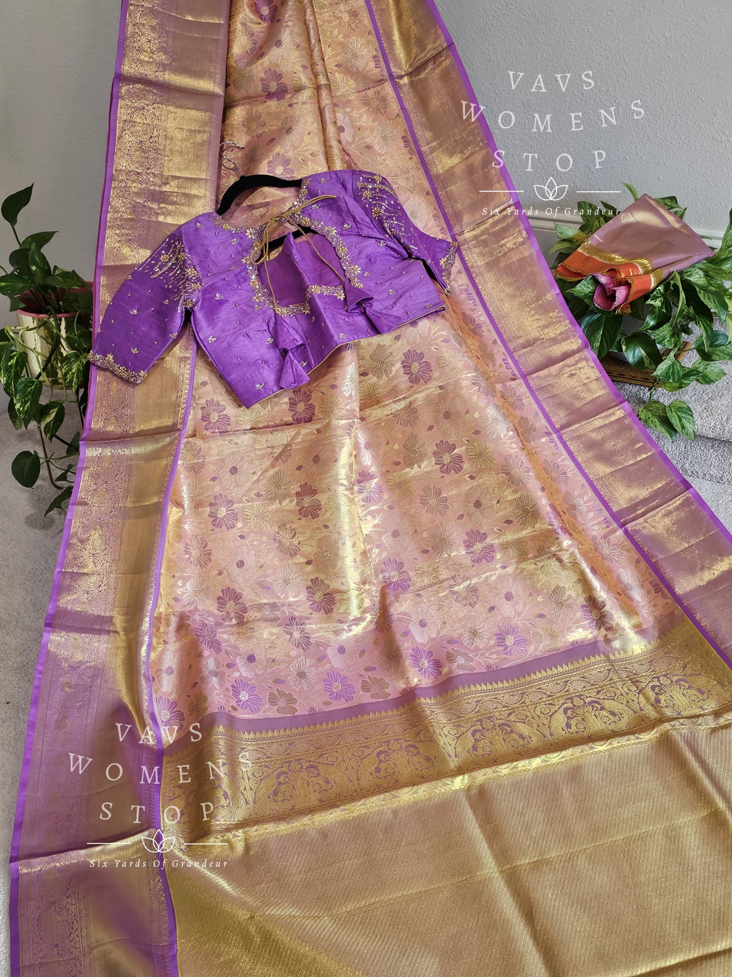 Pure Kanchi Pattu Tissue Brocade Silk Saree - Maggam Blouse