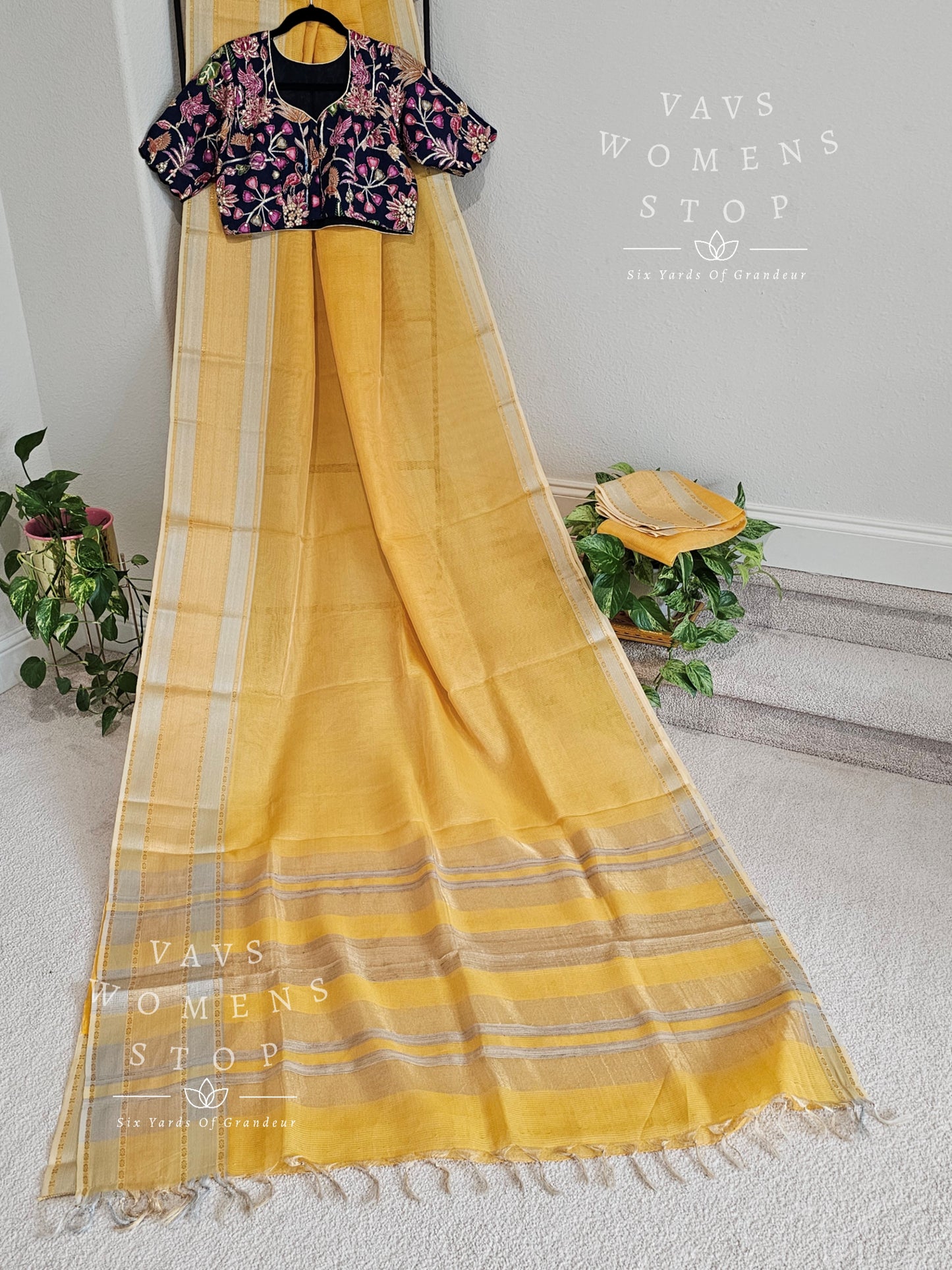 Pure Tussar Tissue Yellow Saree - Kalamkari Silk Blouse