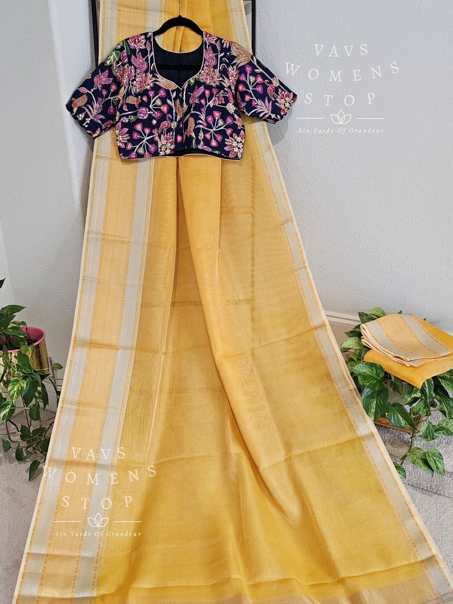 Pure Tussar Tissue Yellow Saree - Kalamkari Silk Blouse