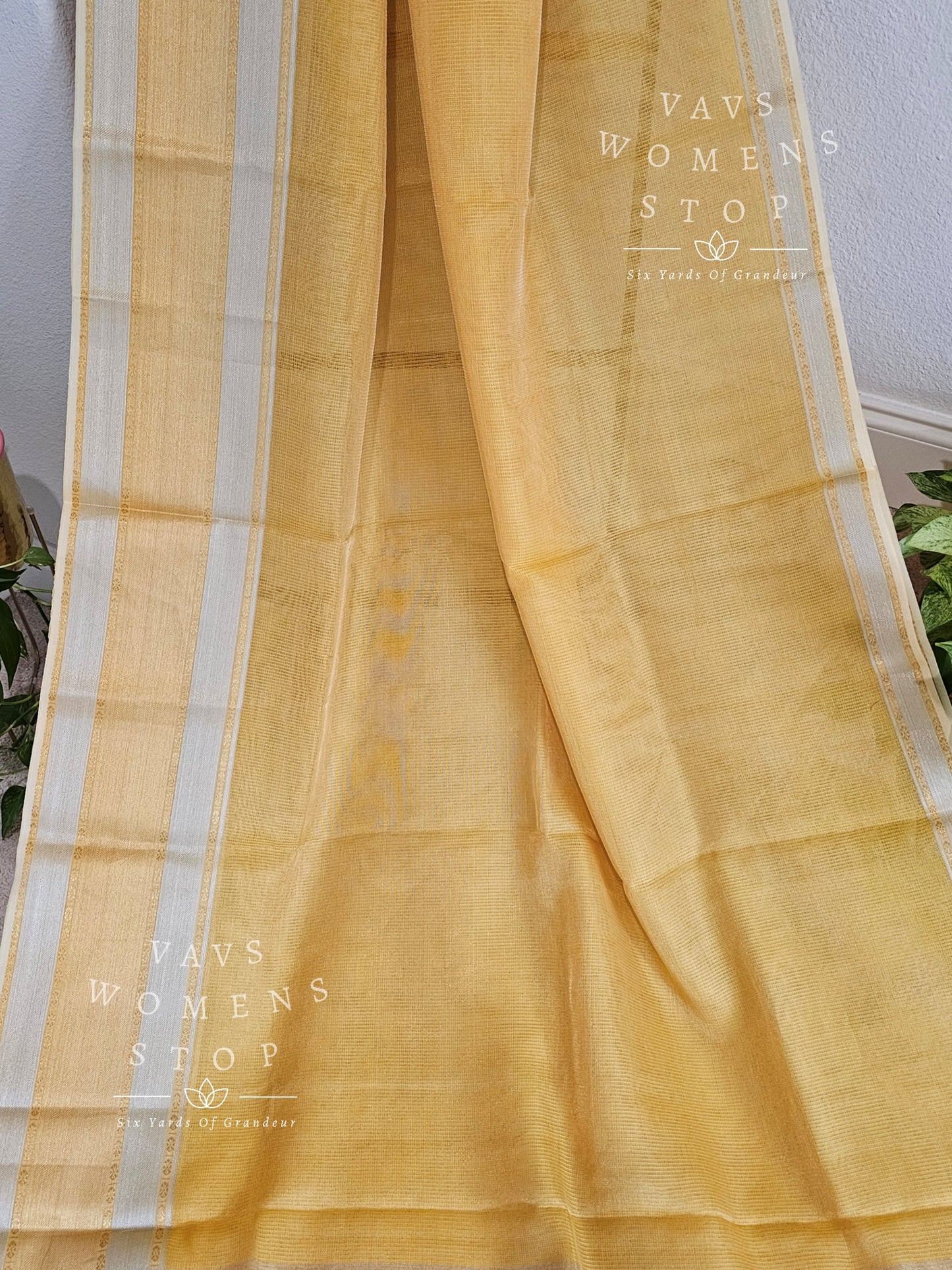 Pure Tussar Tissue Yellow Saree - Kalamkari Silk Blouse