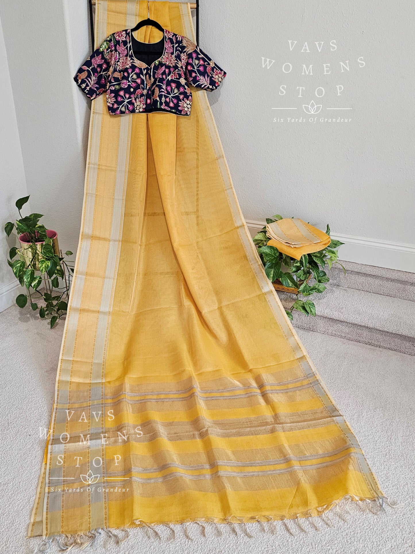 Pure Tussar Tissue Yellow Saree - Kalamkari Silk Blouse